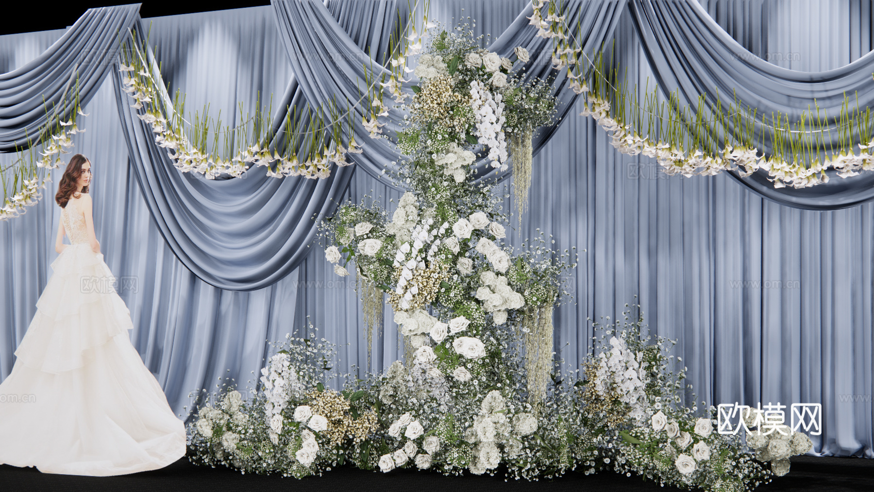 小众蓝色布幔造型婚礼花艺美陈su模型