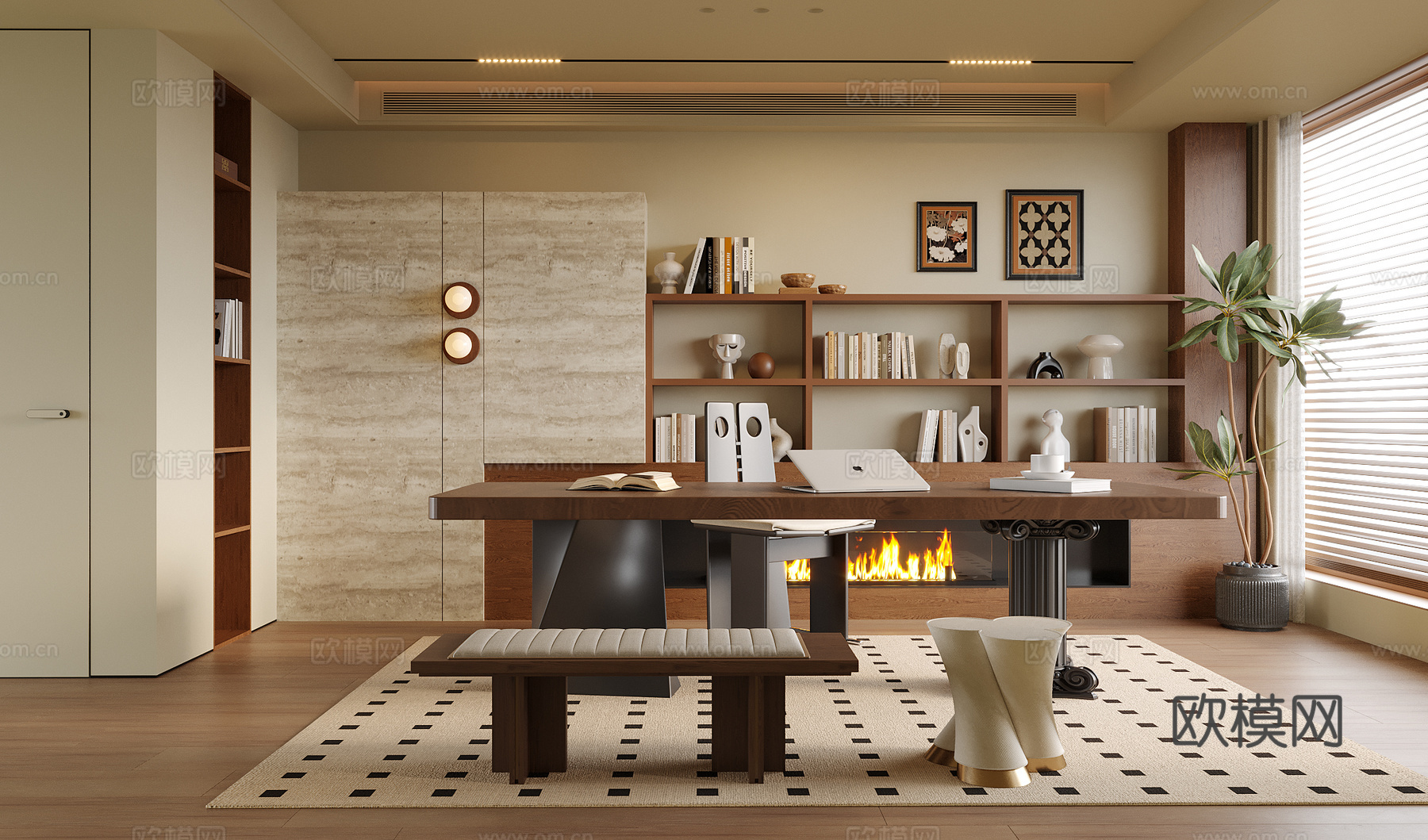 现代书房 书桌椅 背景墙su模型