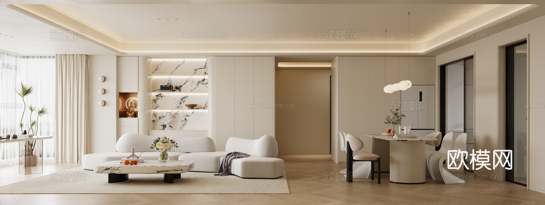 奶油风客餐厅3d模型下载（渲染图1）