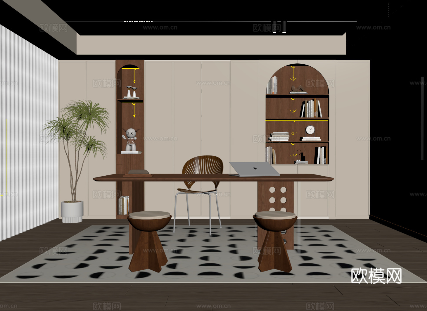现代中古书房 书柜 书桌椅 绿植盆栽su模型