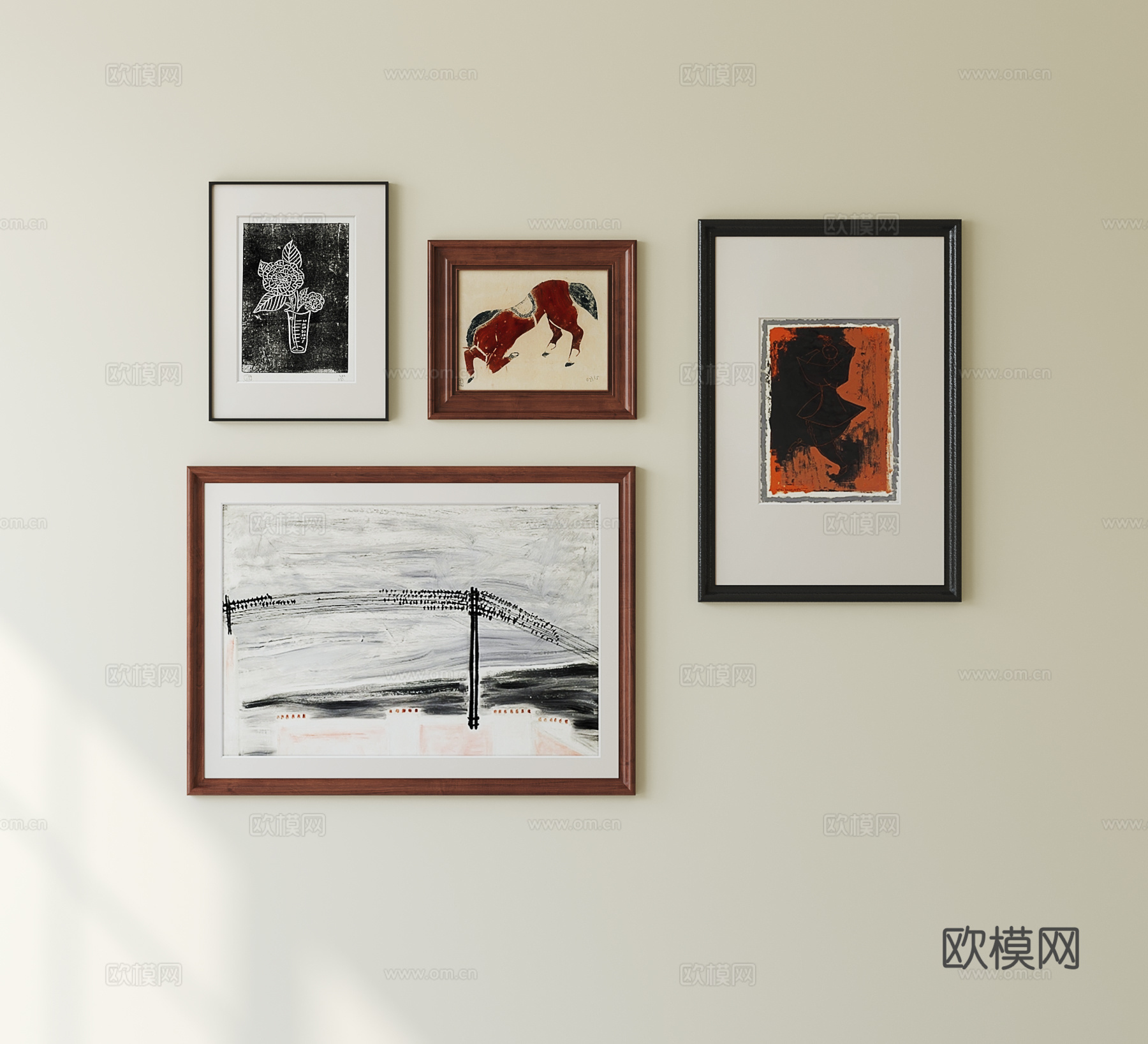 侘寂中古挂画组合 照片墙su模型