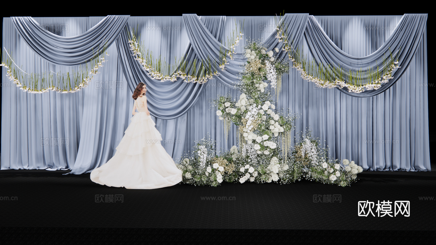 小众蓝色布幔造型婚礼花艺美陈su模型