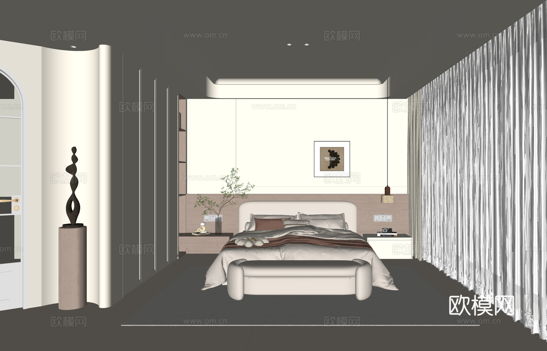 奶油风卧室su模型