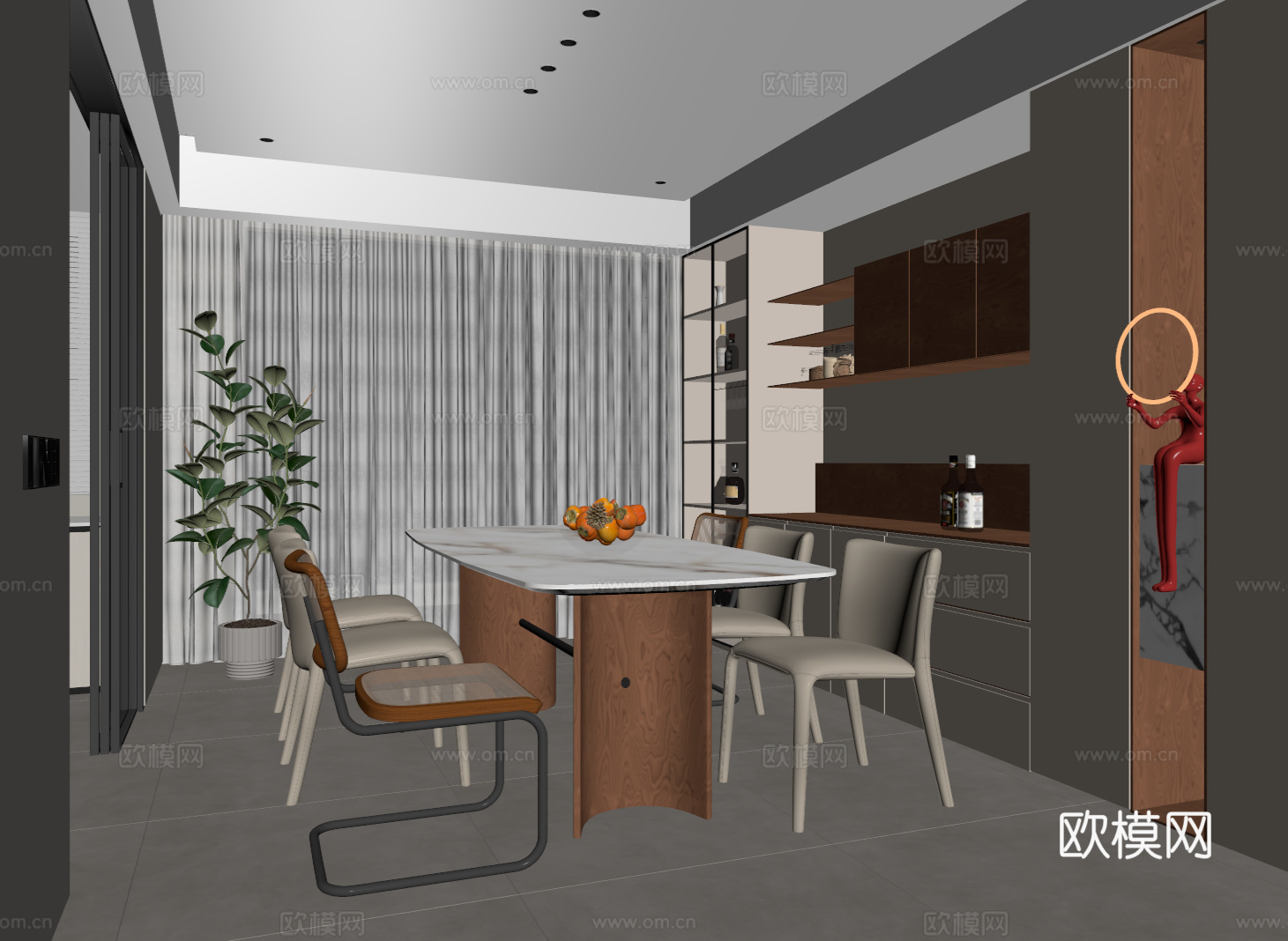 现代中古餐厅 酒柜 餐桌椅 绿植盆栽su模型