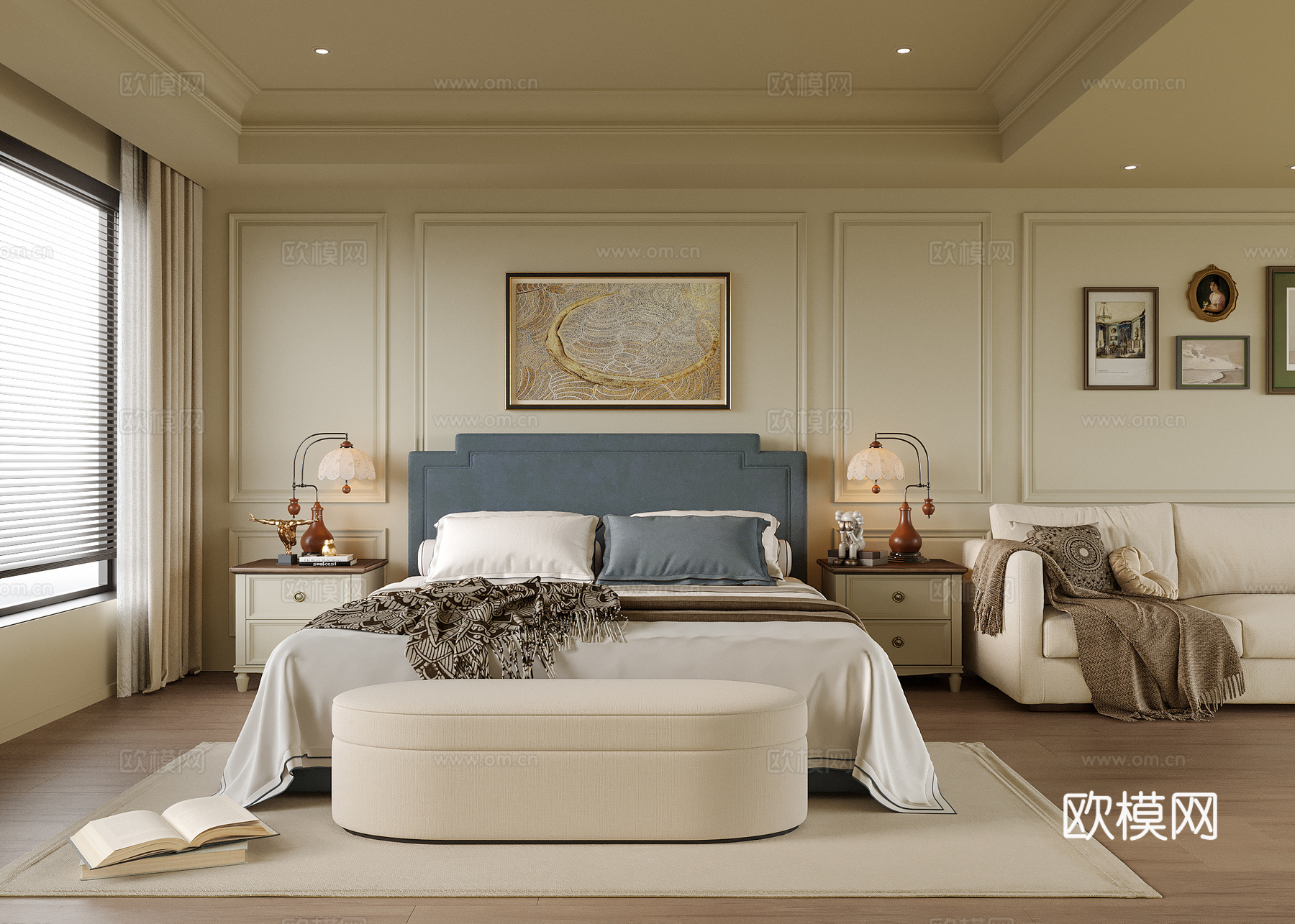 美式卧室 双人床 床头柜su模型