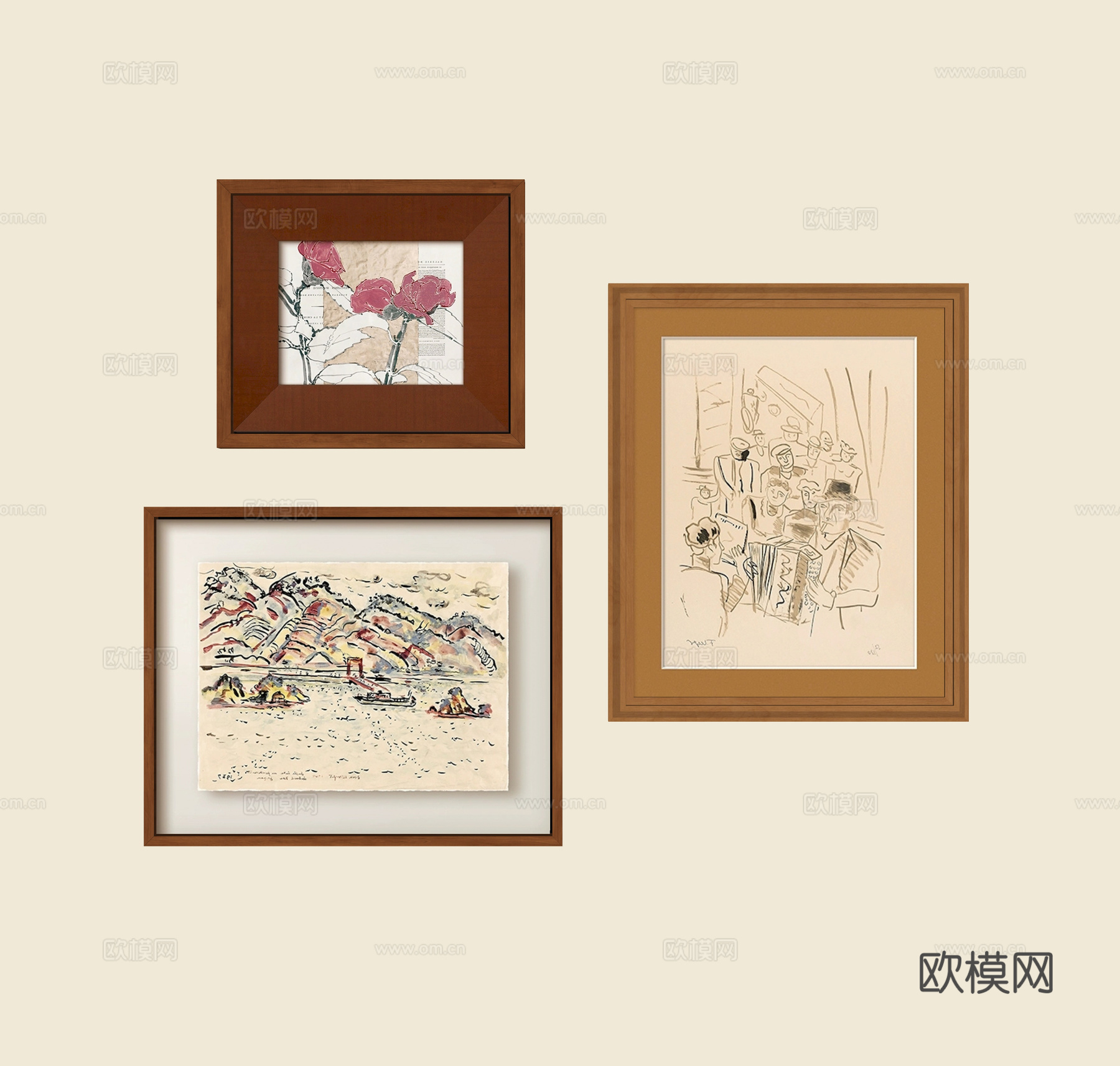 现代中古挂画组合su模型