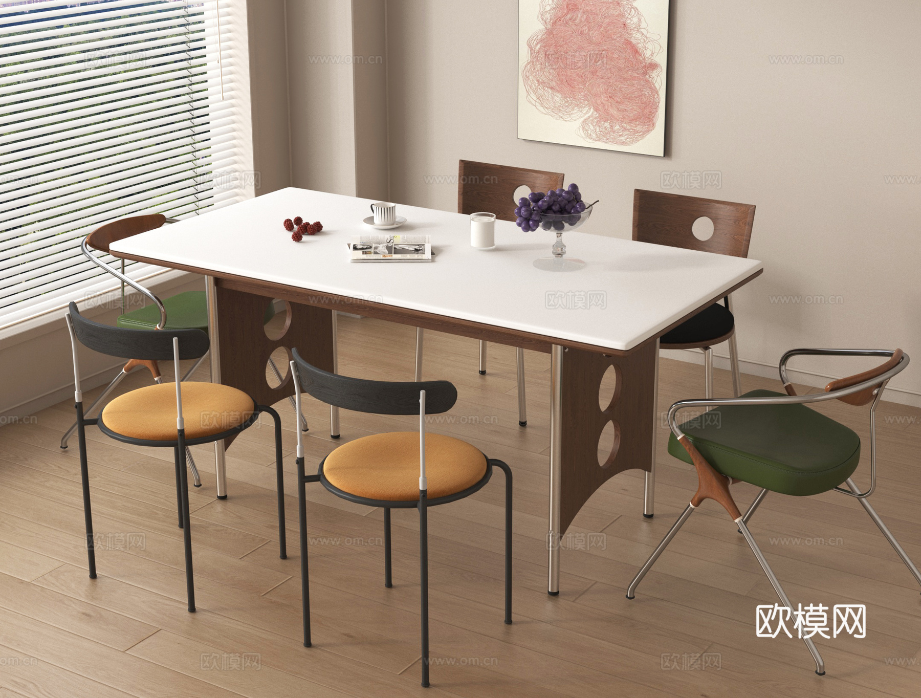 中古餐桌椅 中古风吊灯 中古包豪斯餐桌su模型
