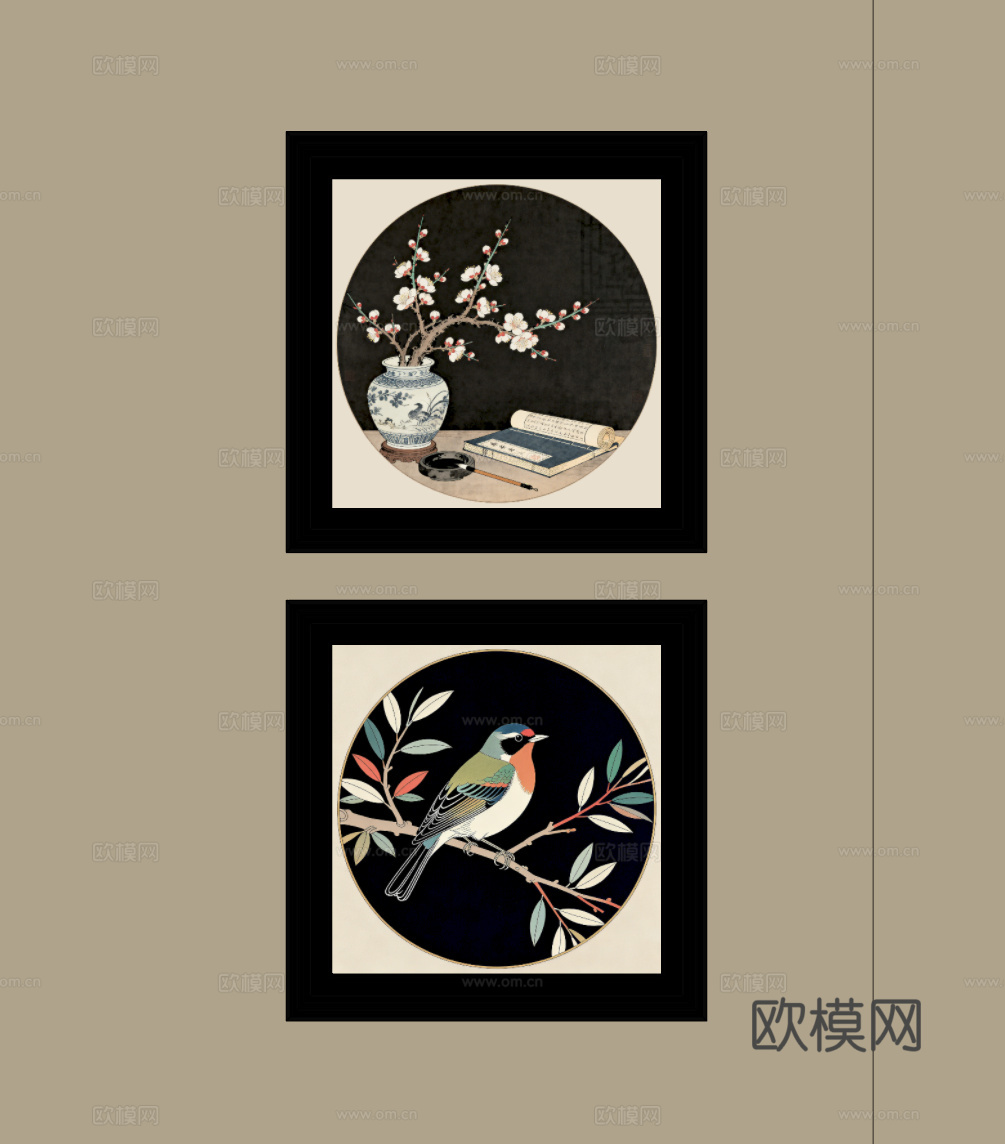 中古风工笔画挂画su模型