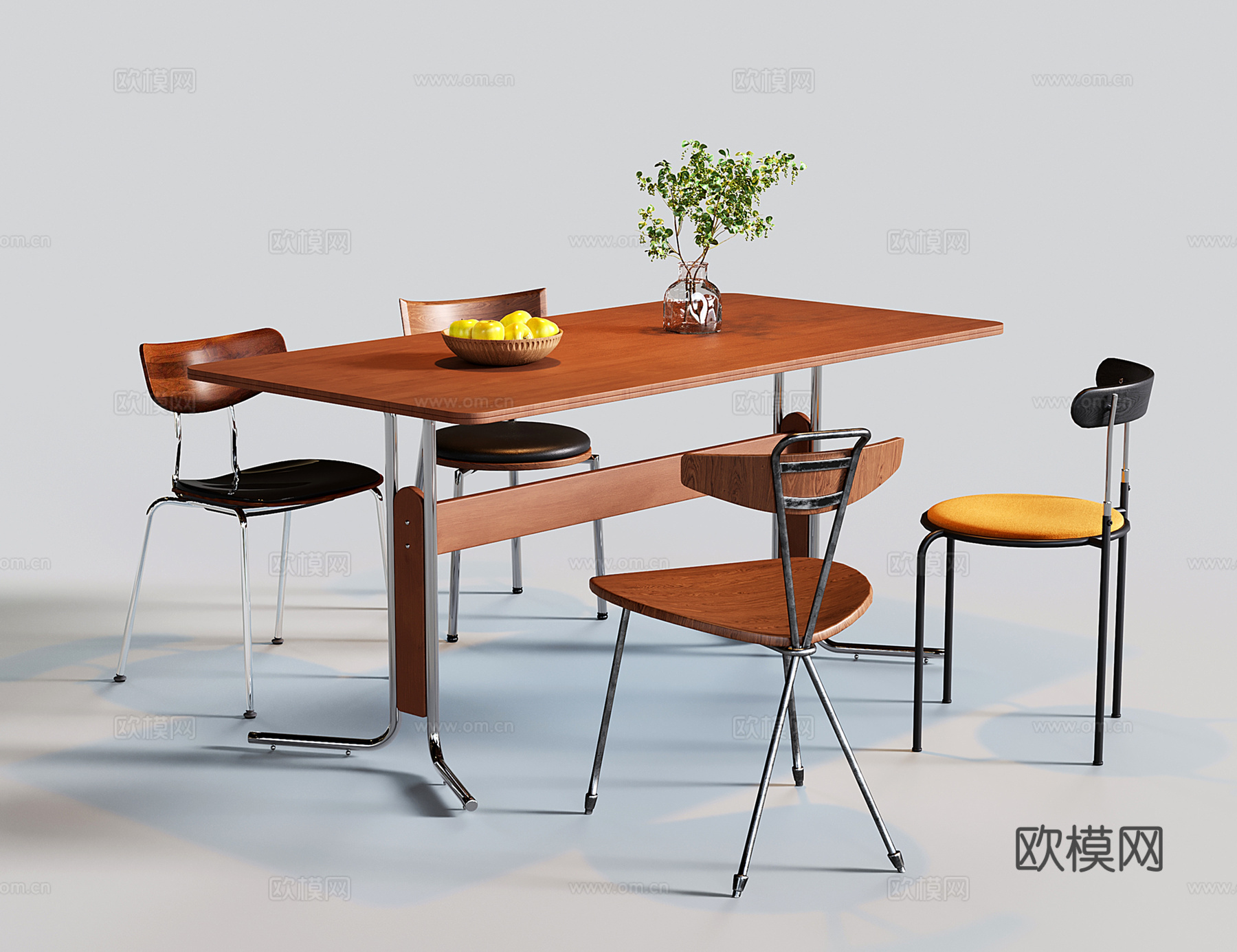 复古中古餐桌椅 餐椅 不锈钢长方形餐桌su模型