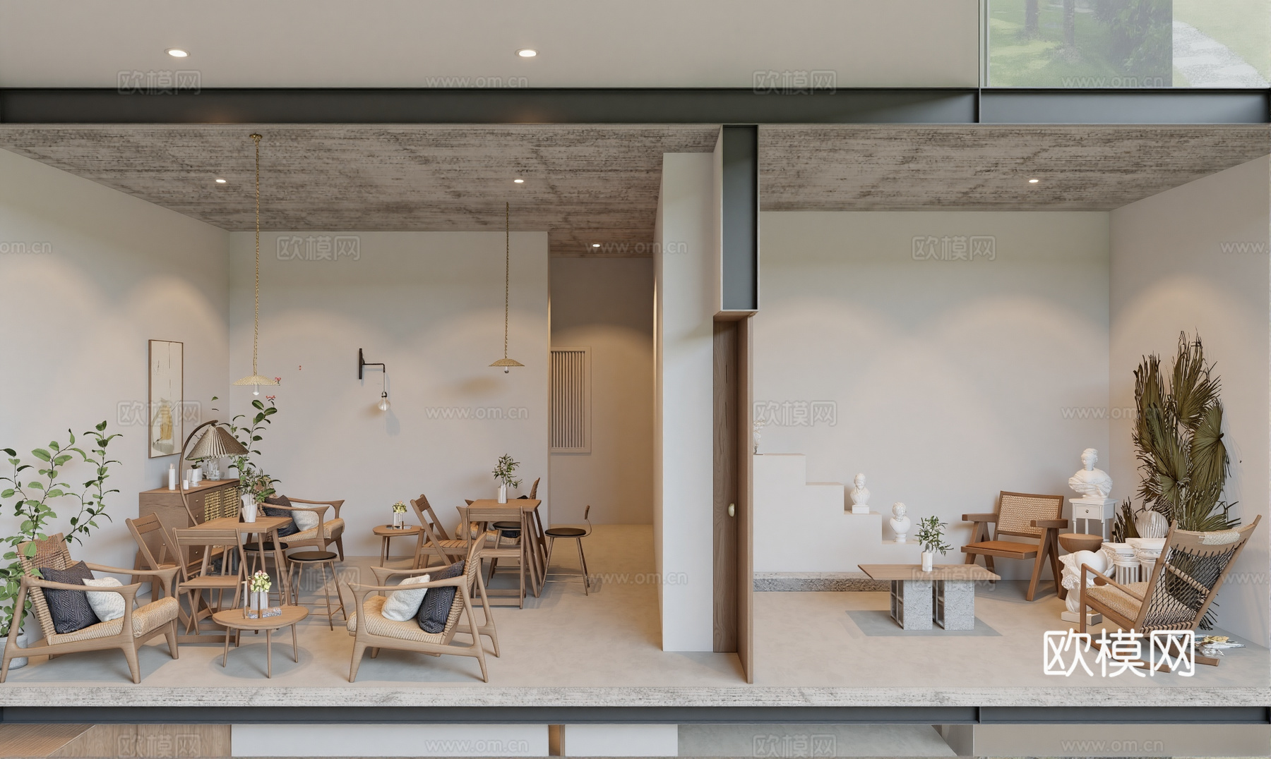 侘寂奶茶店 咖啡厅 小包间su模型