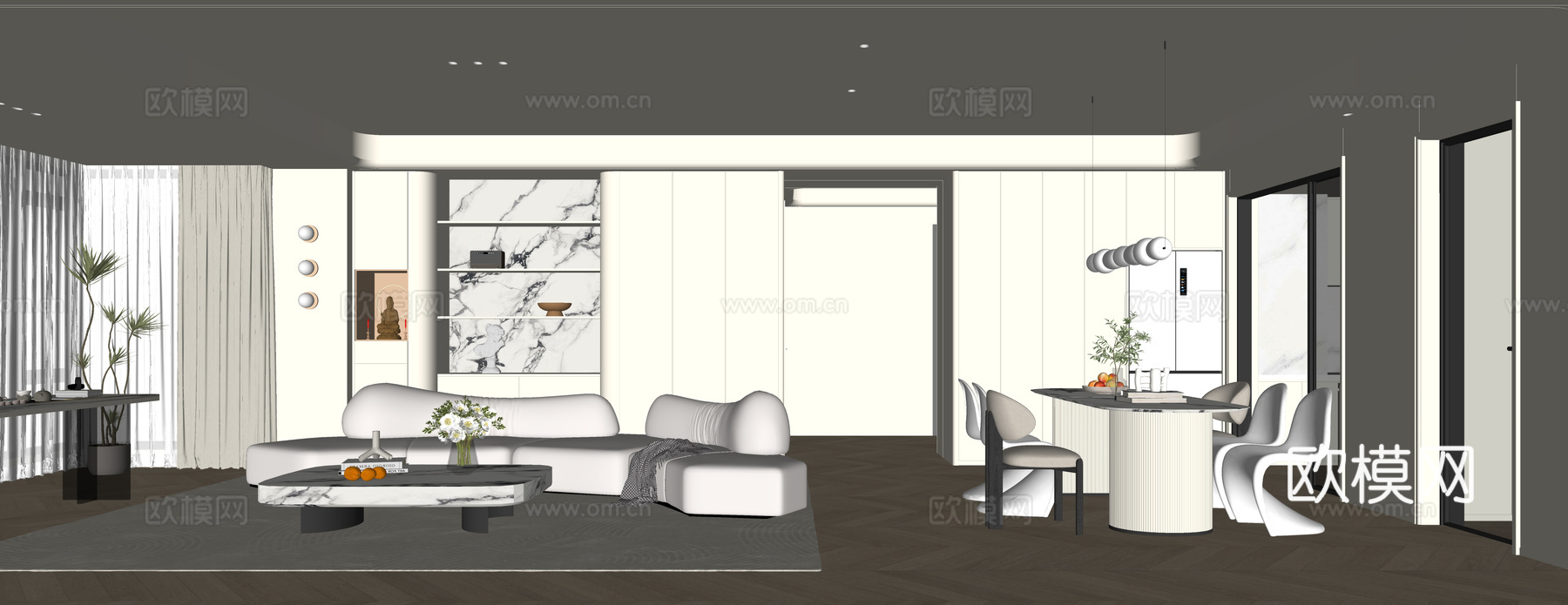 奶油风客餐厅su模型