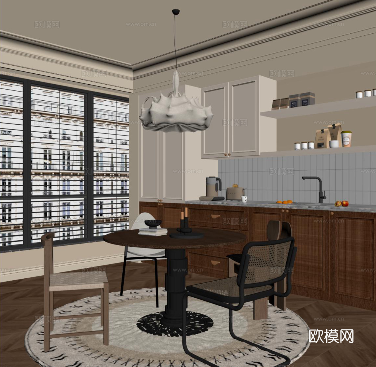 中古风餐厅 餐桌椅 橱柜su模型