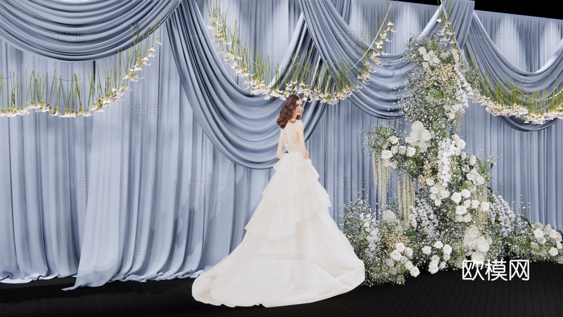 小众蓝色布幔造型婚礼花艺美陈su模型