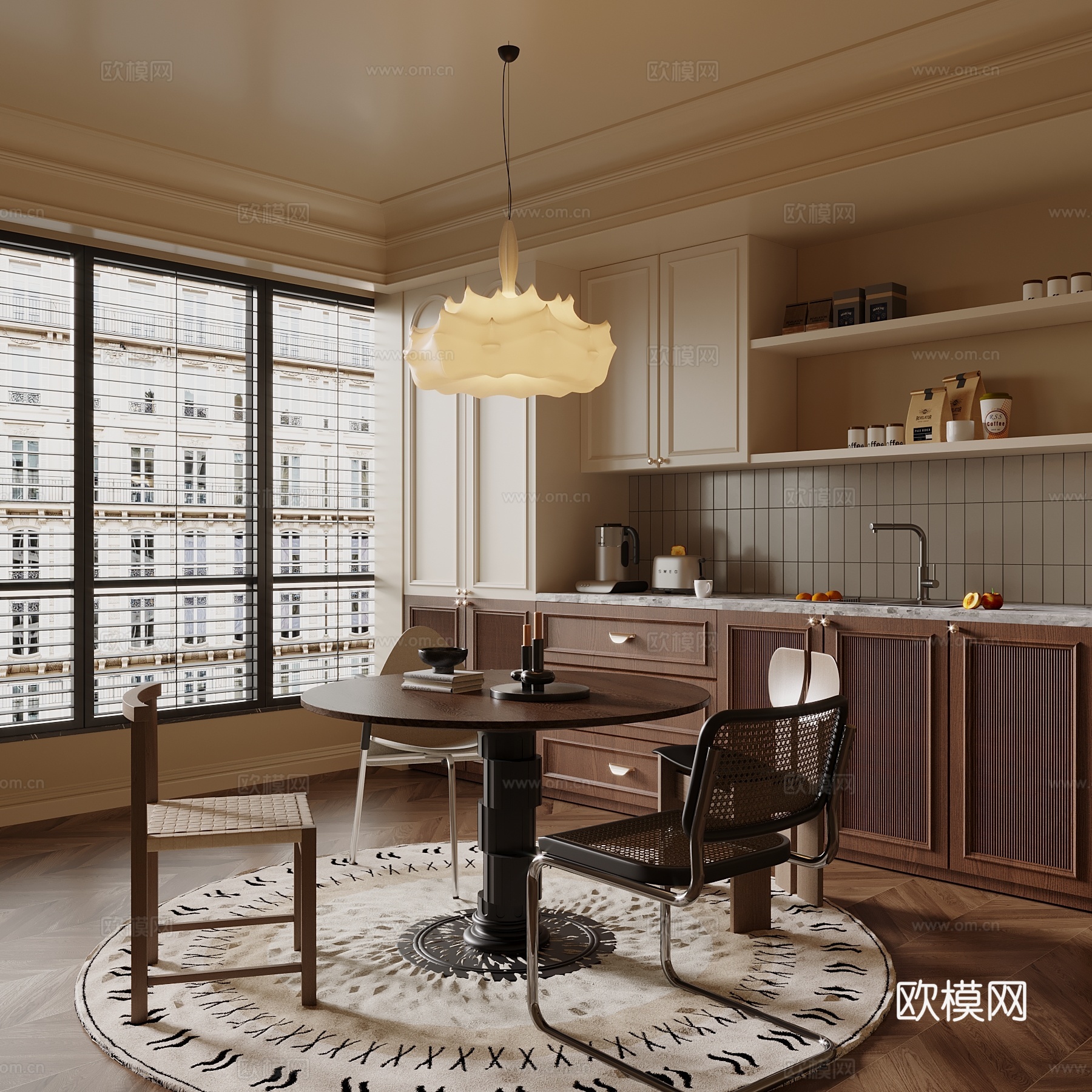 中古风餐厅 餐桌椅 橱柜su模型
