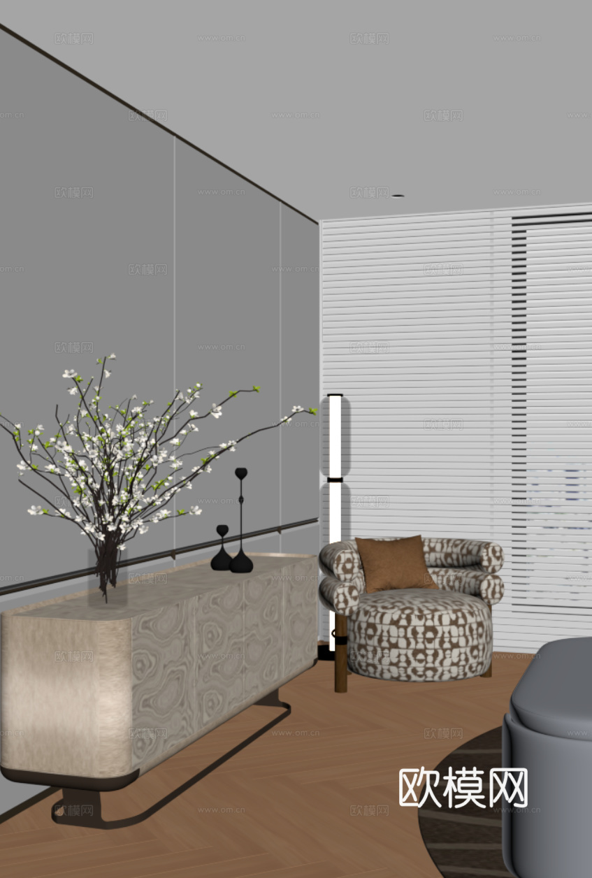 现代边柜 装饰柜 休闲椅su模型下载（渲染图2）