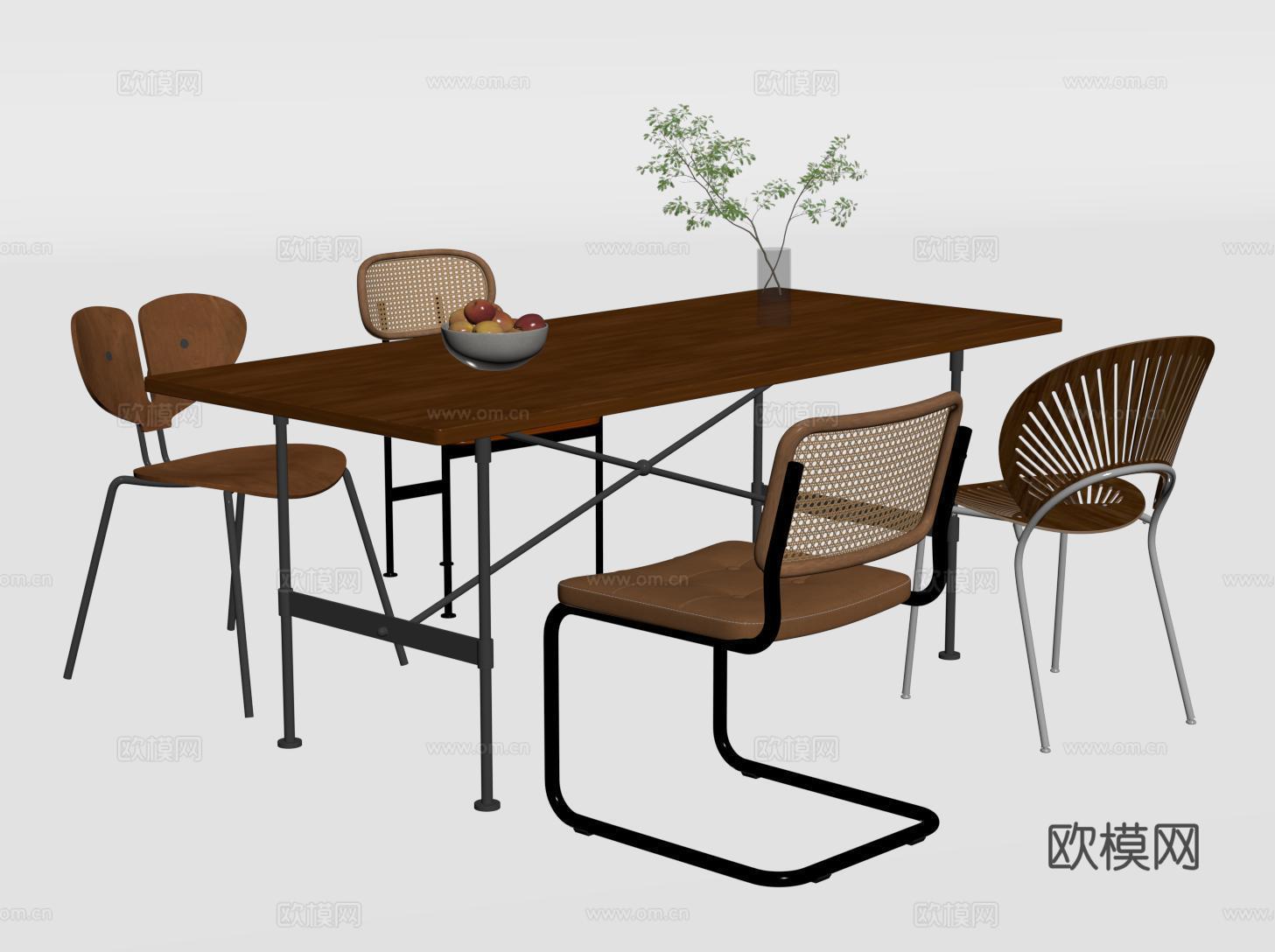 现代中古餐桌椅 餐椅 不锈钢长方形餐桌su模型