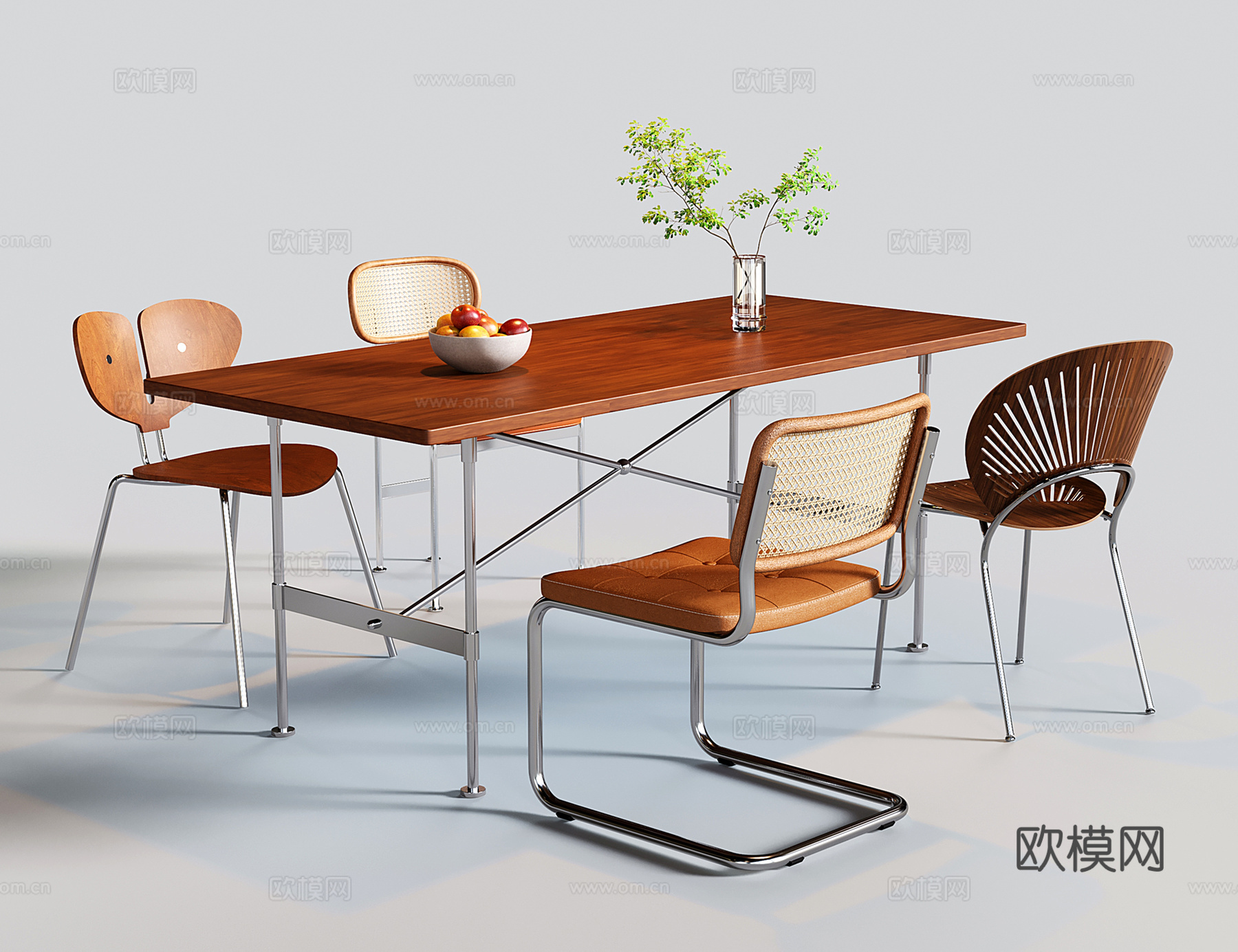 现代中古餐桌椅 餐椅 不锈钢长方形餐桌su模型