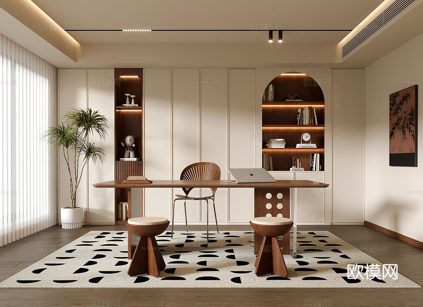 现代中古书房 书柜 书桌椅 绿植盆栽su模型