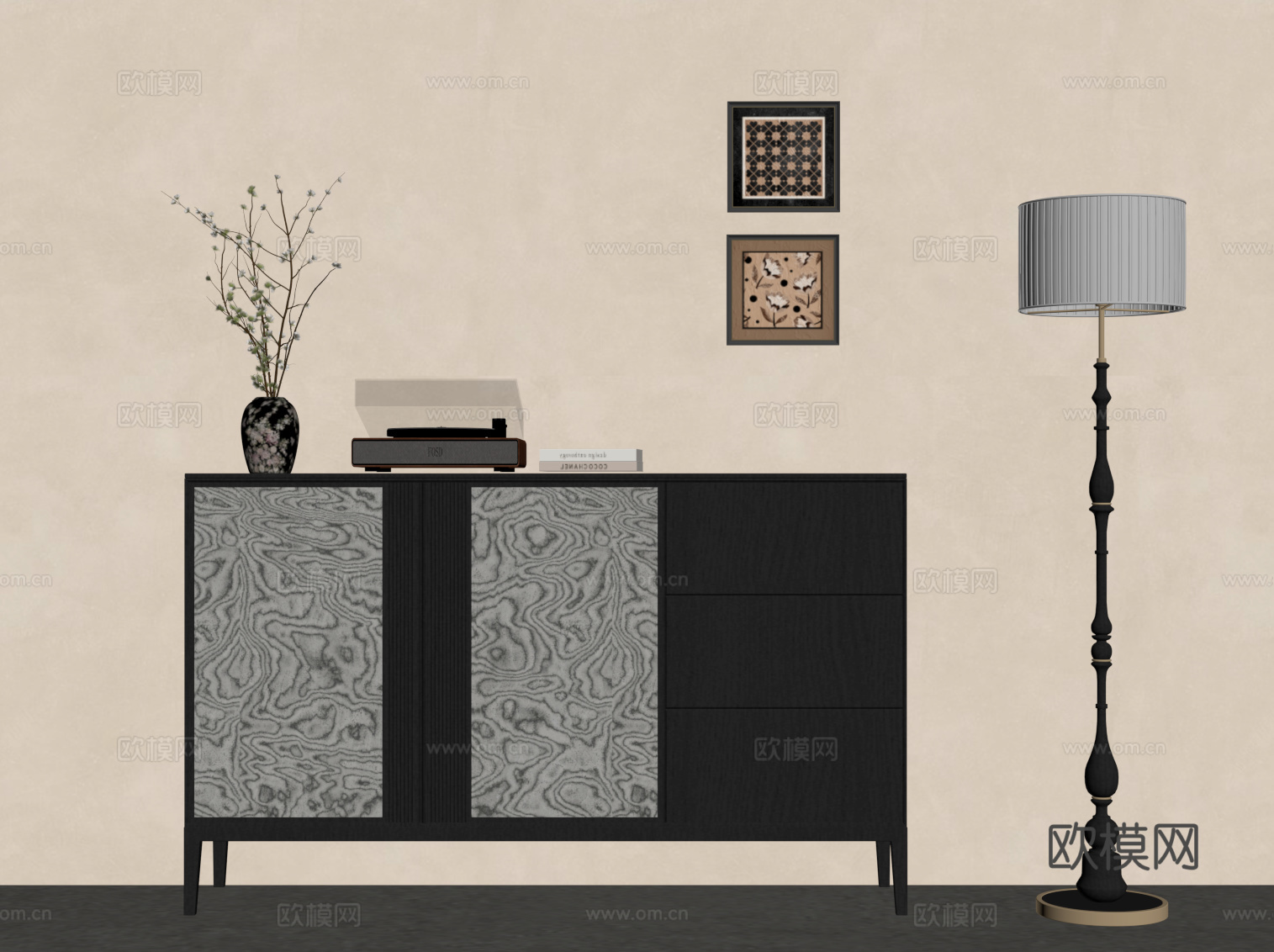 现代边柜 中古风边柜 落地灯su模型