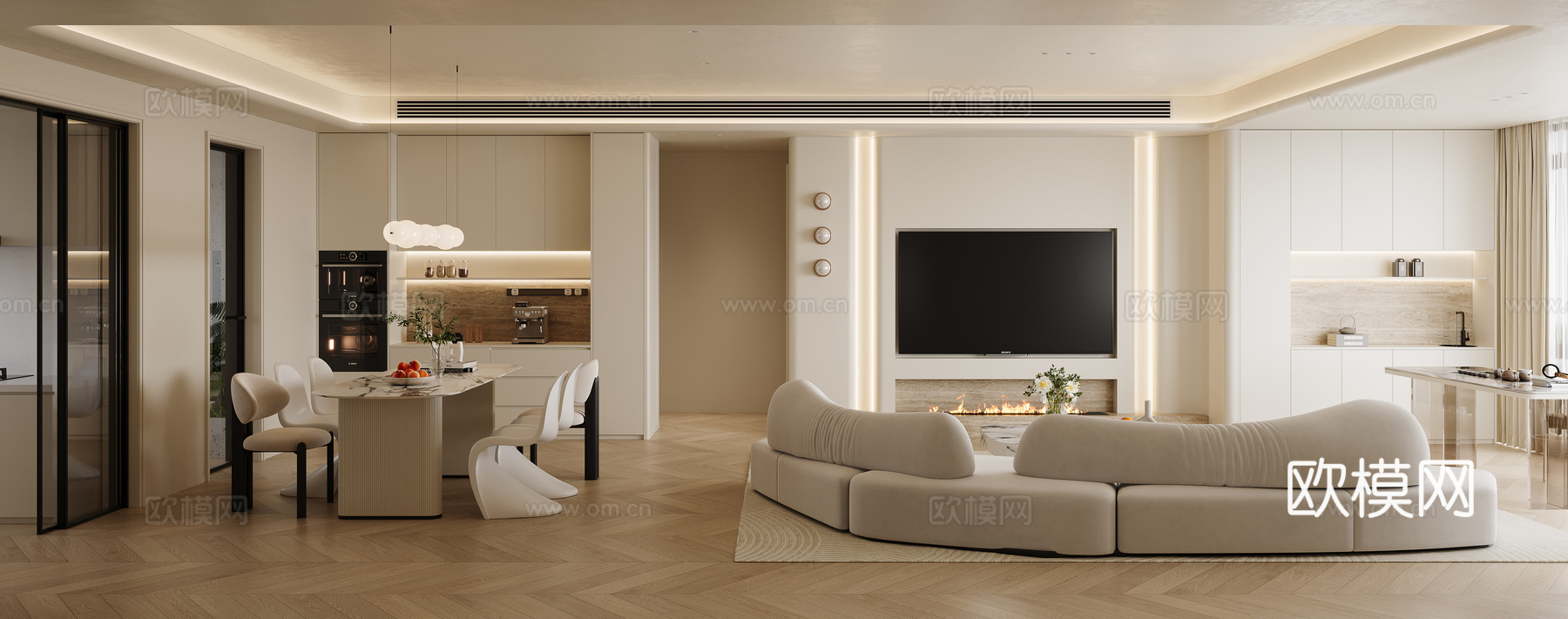 奶油风客餐厅3d模型下载（渲染图2）