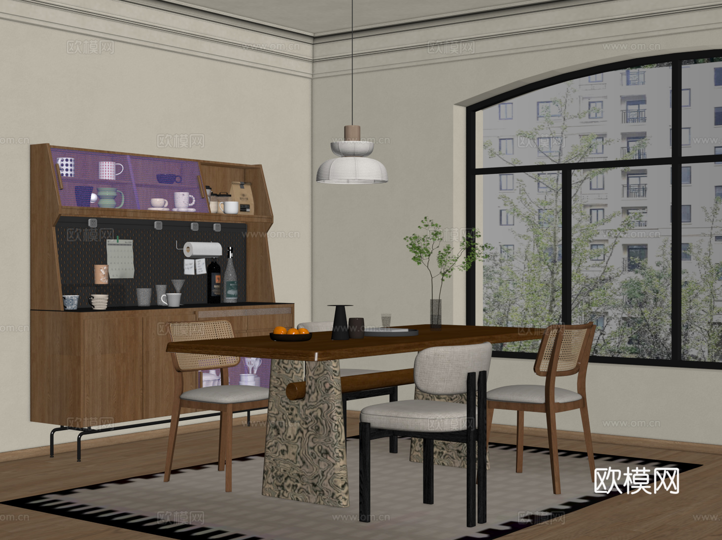 中古复古餐厅 餐桌椅 餐边柜su模型