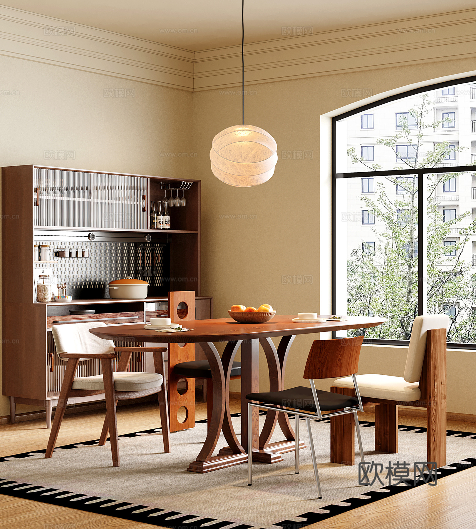 中古复古餐厅 餐桌椅 餐边柜su模型