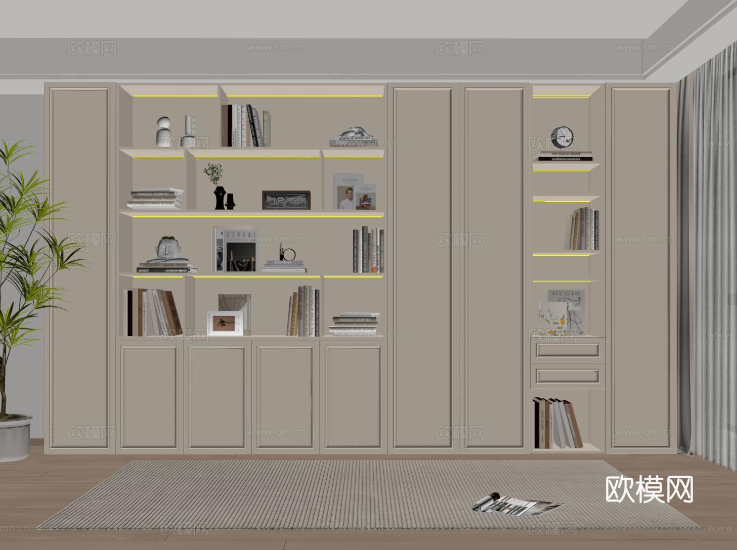 法式奶油书柜 定制满墙书柜 书籍su模型