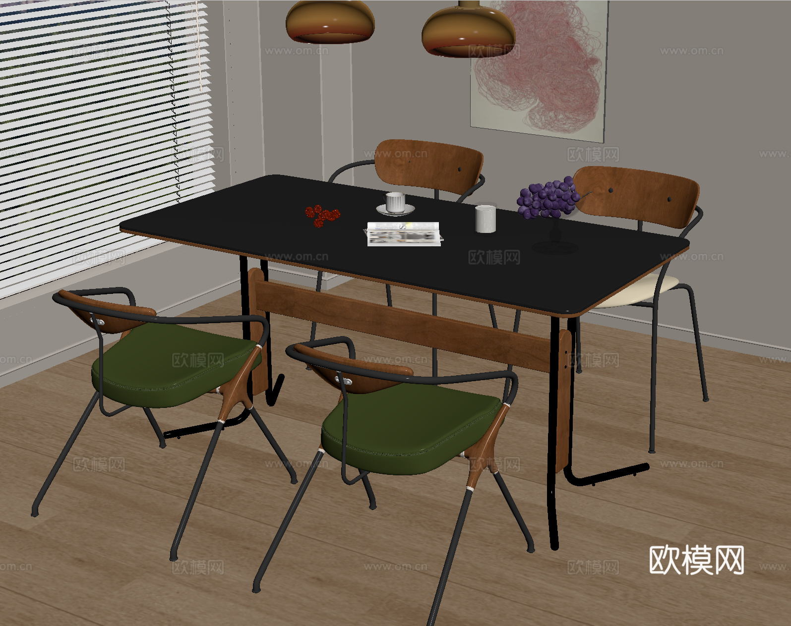 中古餐桌椅 中古风吊灯 中古包豪斯餐桌su模型