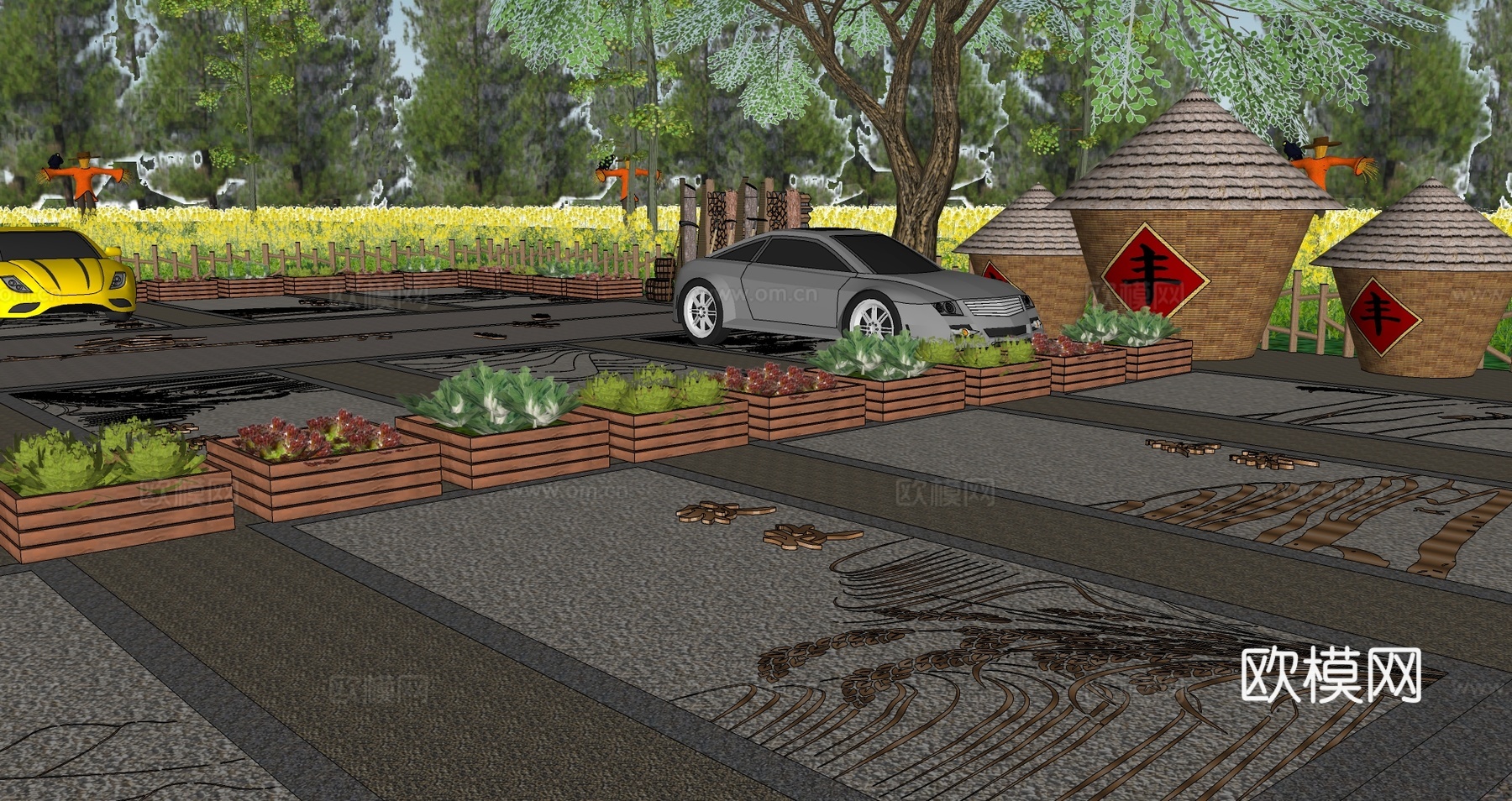 现代户外农耕田园生态停车场农田趣味创意彩色农家图标涂鸦个性田su模型