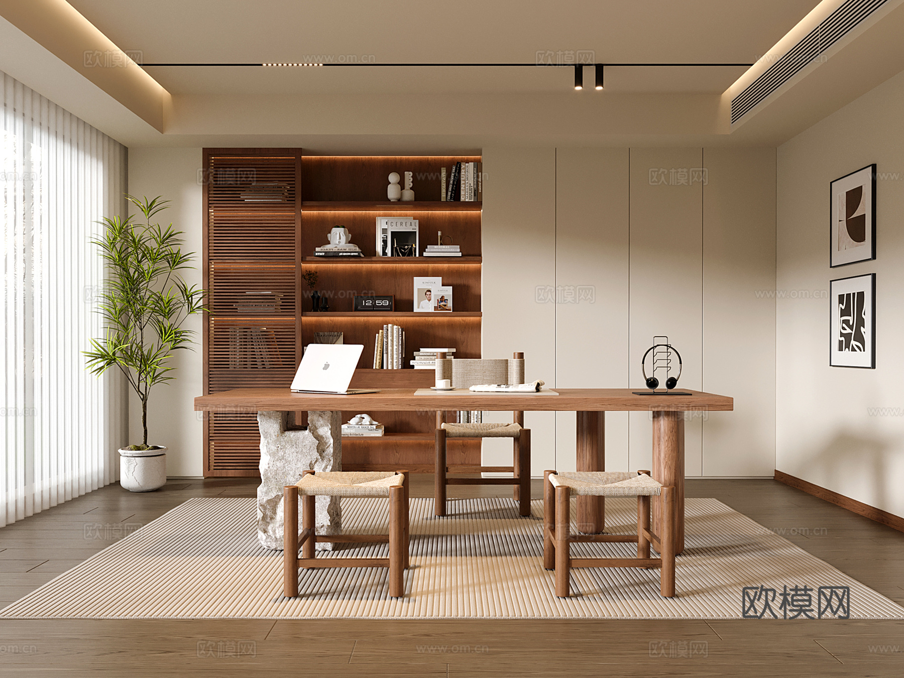 中古书房 书柜 书桌椅 绿植盆栽su模型su模型