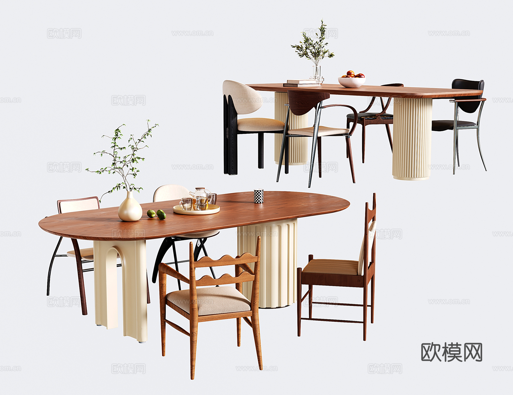 奶油风法式餐桌椅 长方形圆弧餐桌 餐椅 单椅su模型