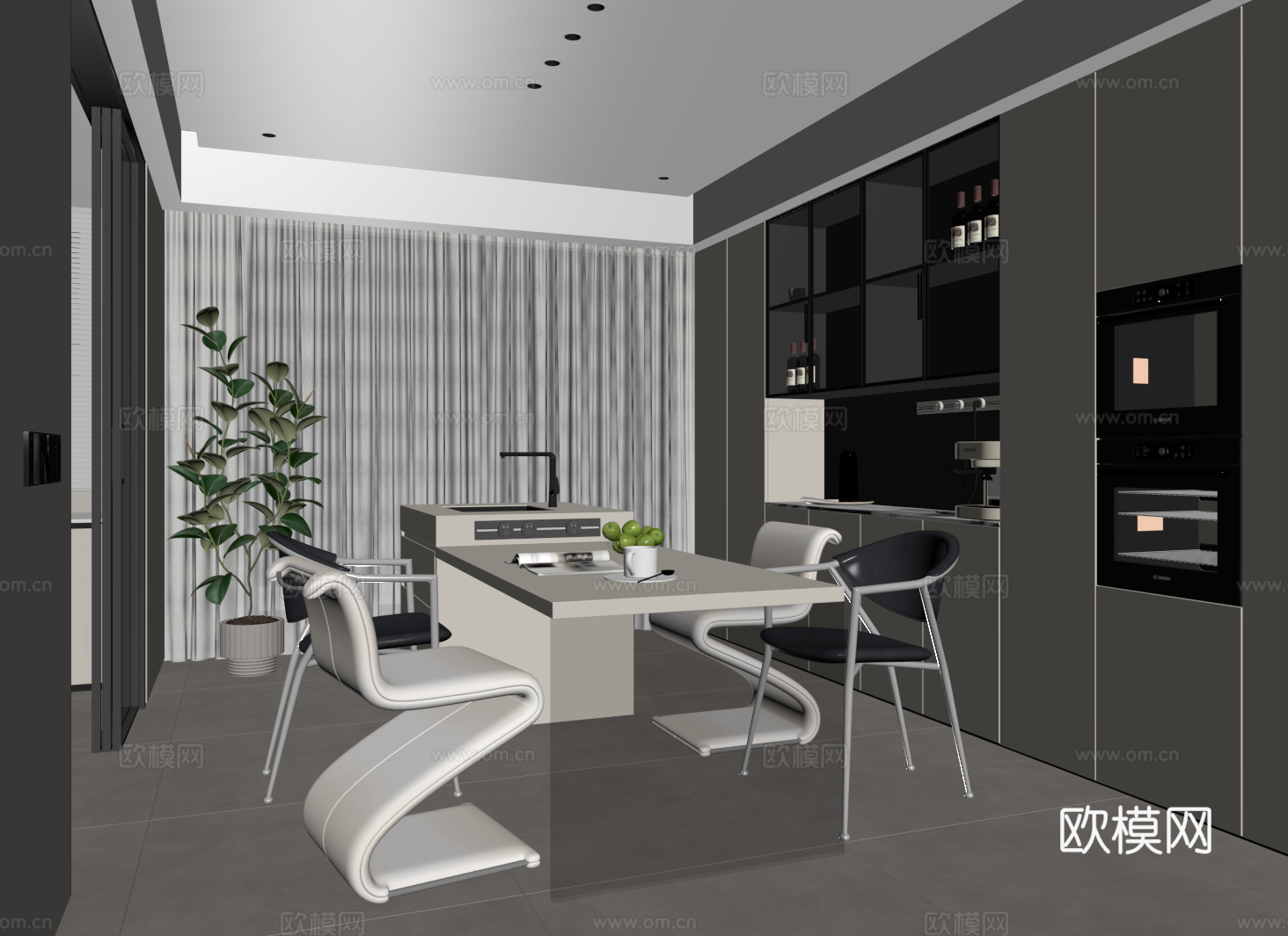 现代餐厅 酒柜 绿植盆栽 吧台餐桌椅su模型