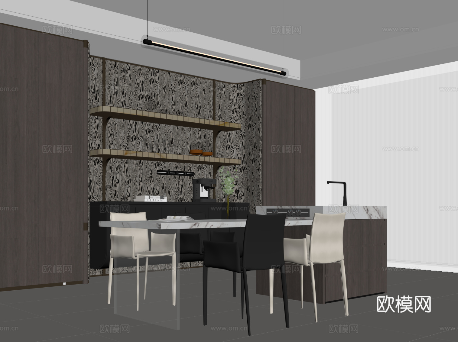 现代意式餐厅 岛台 酒柜 酒架su模型