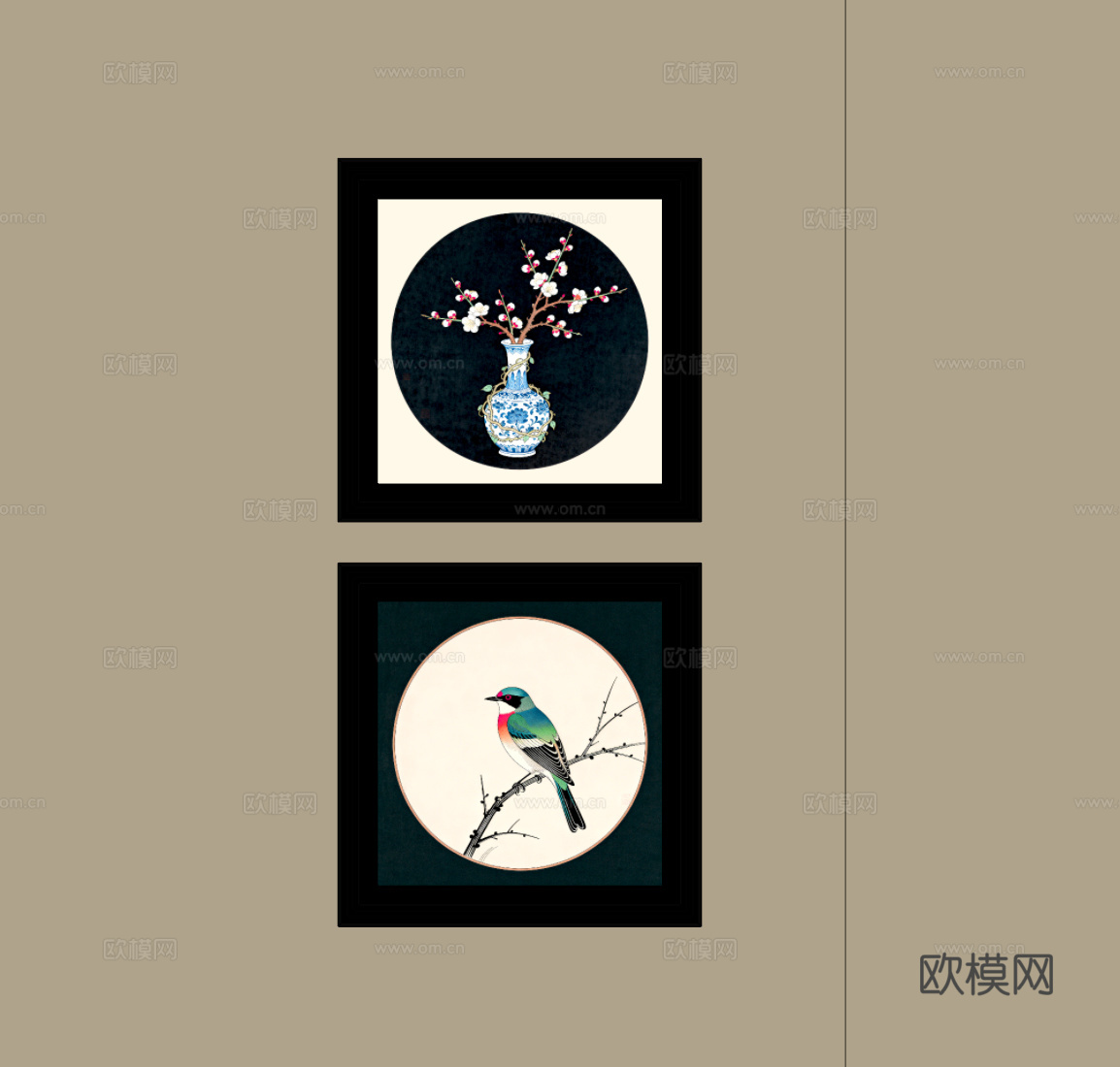 中古风工笔画挂画su模型