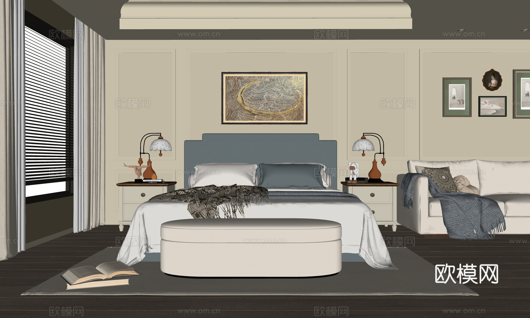 美式卧室 双人床 床头柜su模型
