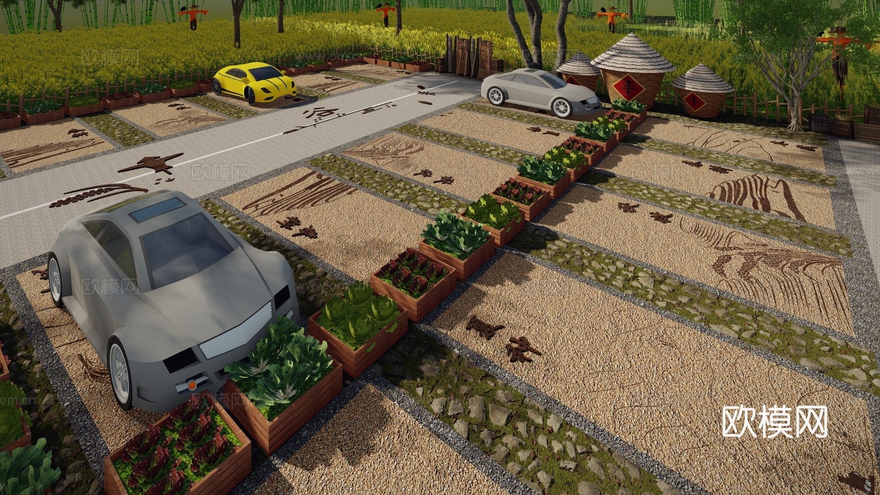 现代户外农耕田园生态停车场农田趣味创意彩色农家图标涂鸦个性田su模型