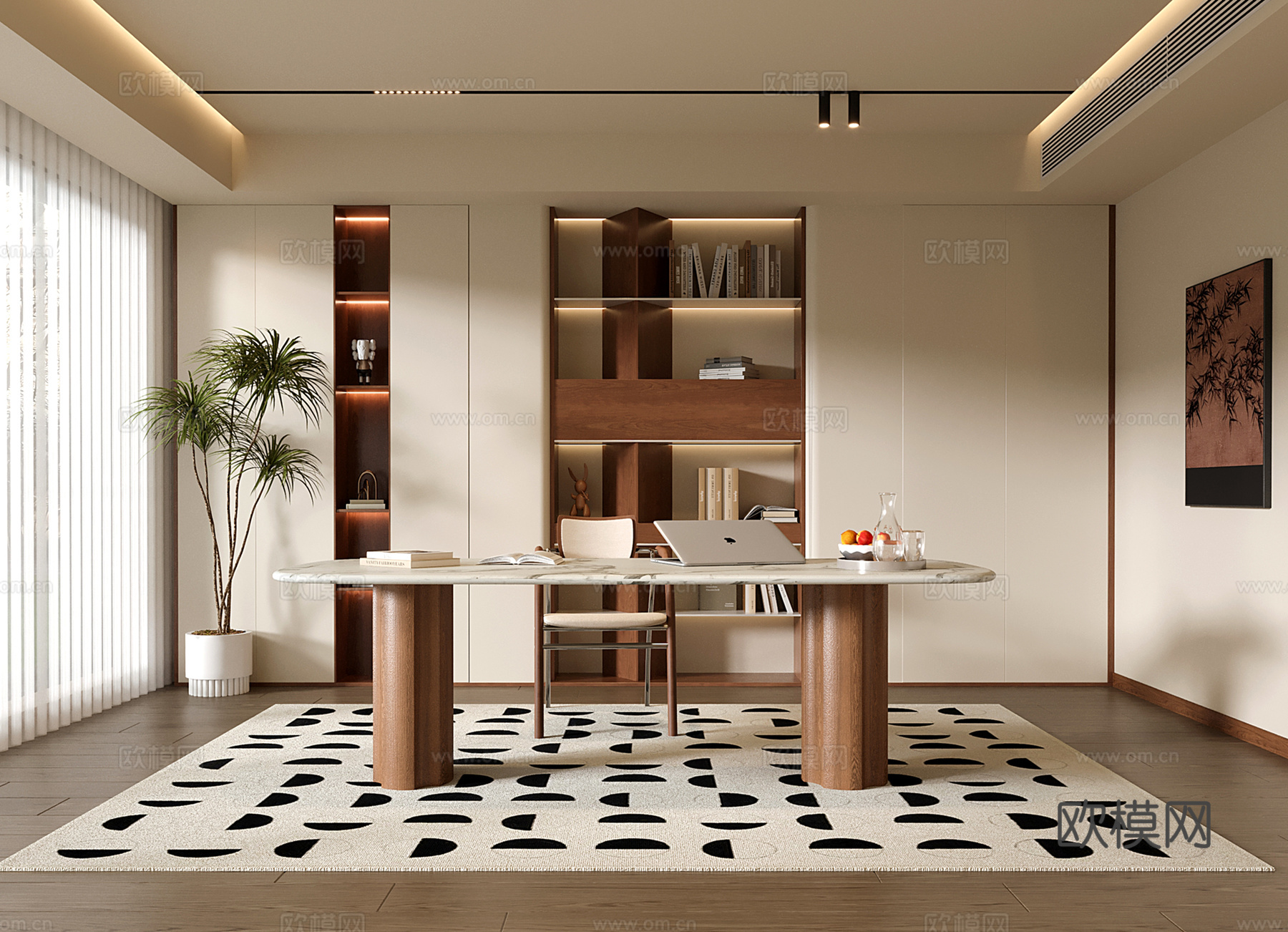 现代中古书房 书柜 书桌椅 绿植盆栽su模型