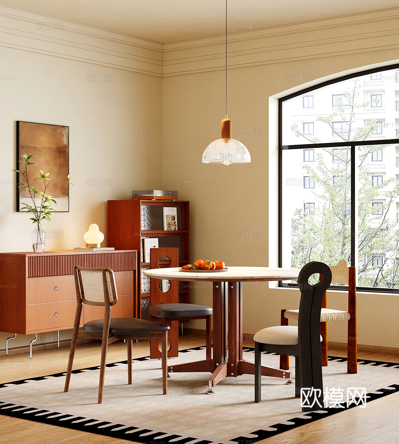 中古复古餐厅 餐桌椅 餐边柜su模型