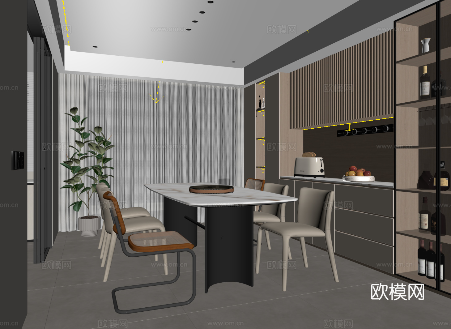 现代餐厅 酒柜 餐桌椅 绿植盆栽su模型