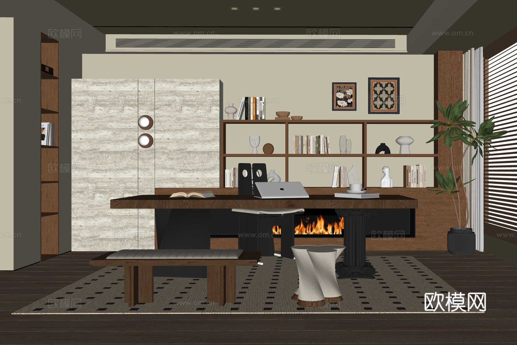 现代书房 书桌椅 背景墙su模型