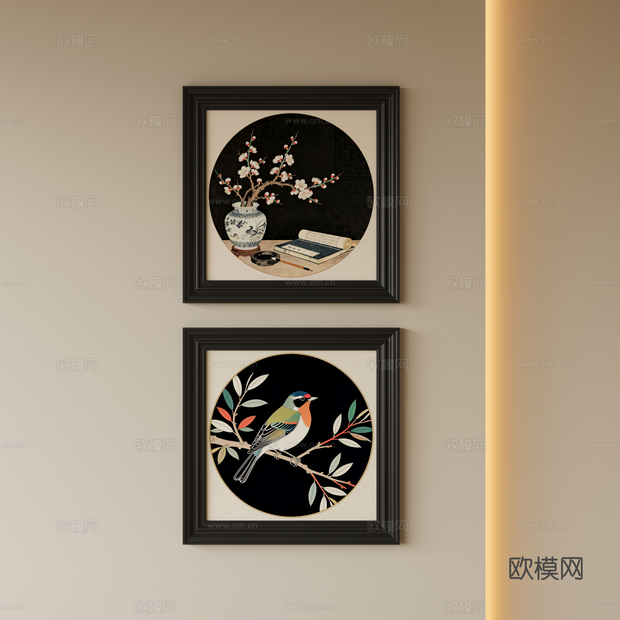 中古风工笔画挂画su模型