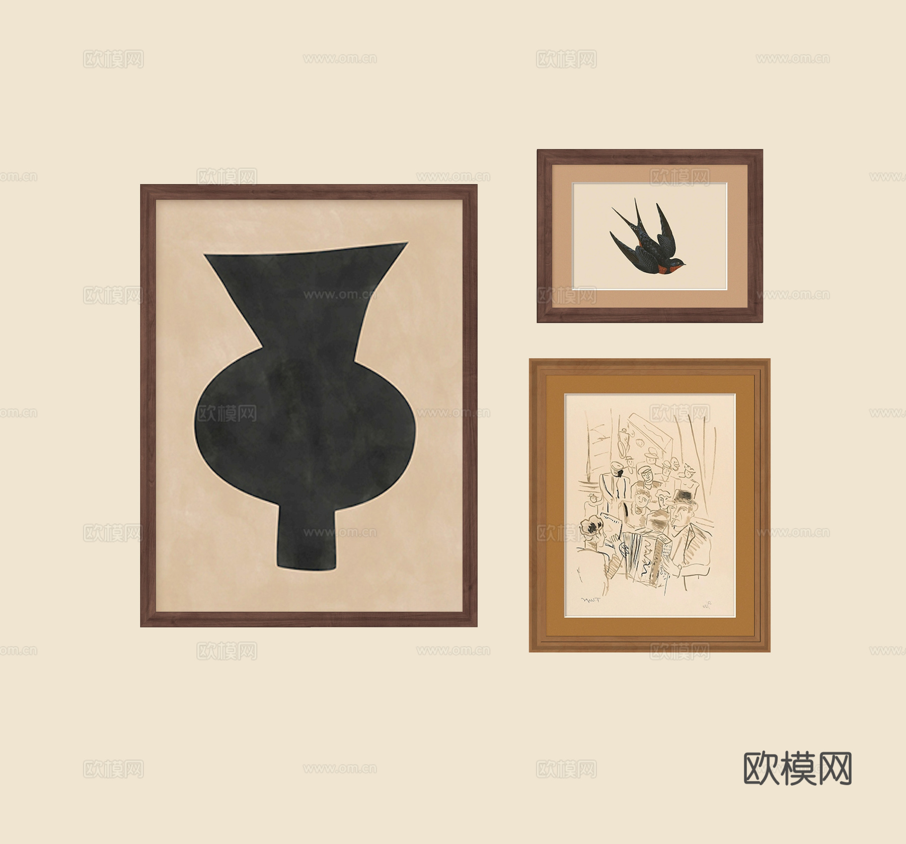 侘寂中古挂画组合su模型