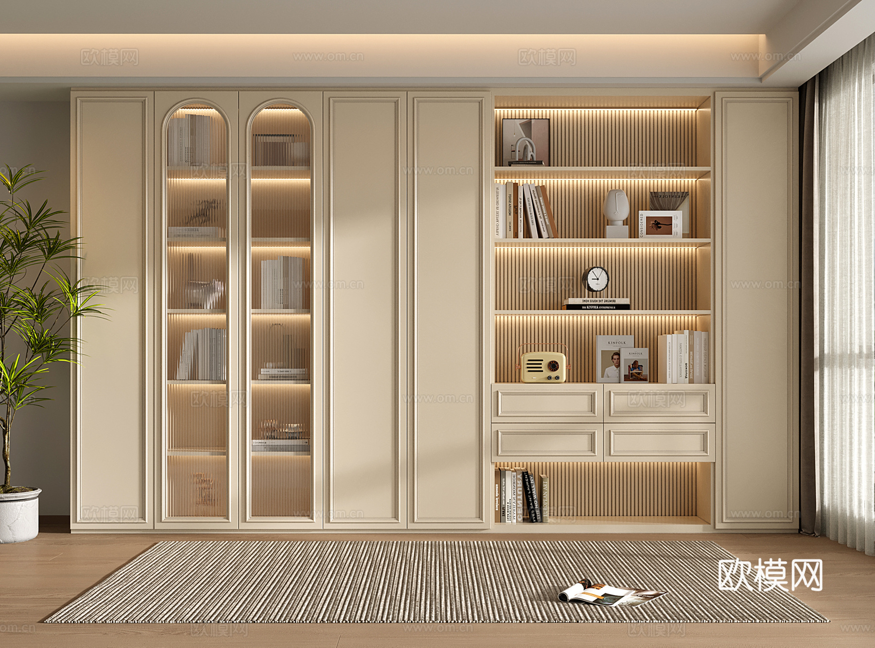法式奶油书柜 定制满墙书柜 书籍su模型