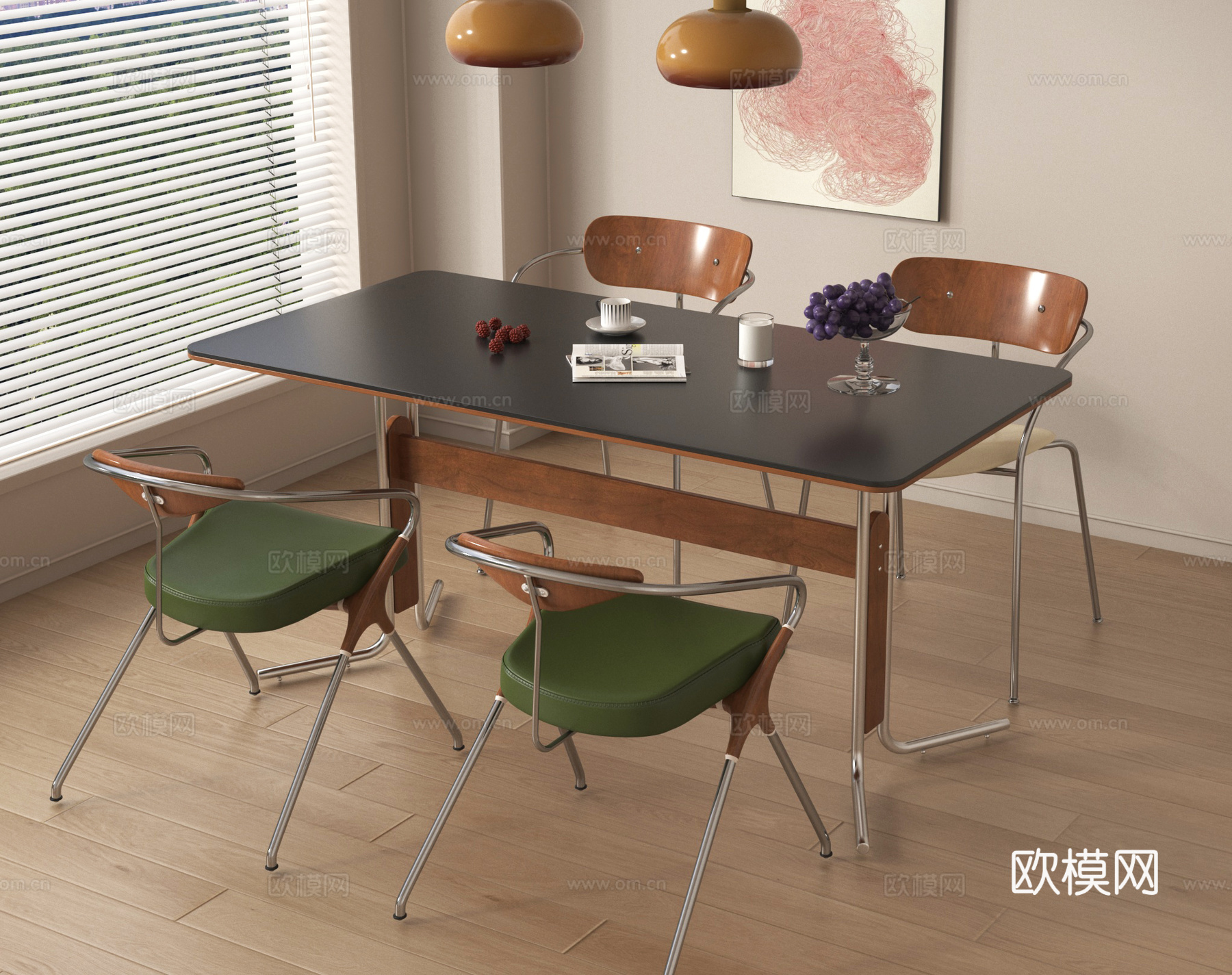 中古餐桌椅 中古风吊灯 中古包豪斯餐桌su模型