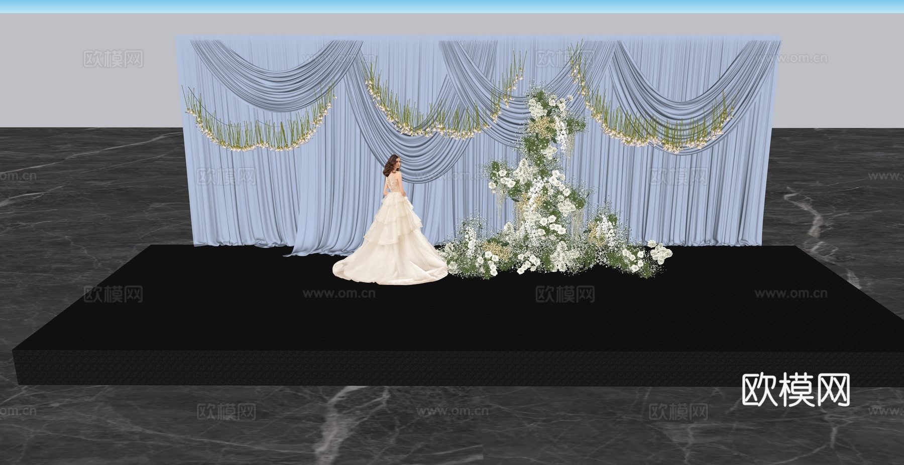 小众蓝色布幔造型婚礼花艺美陈su模型