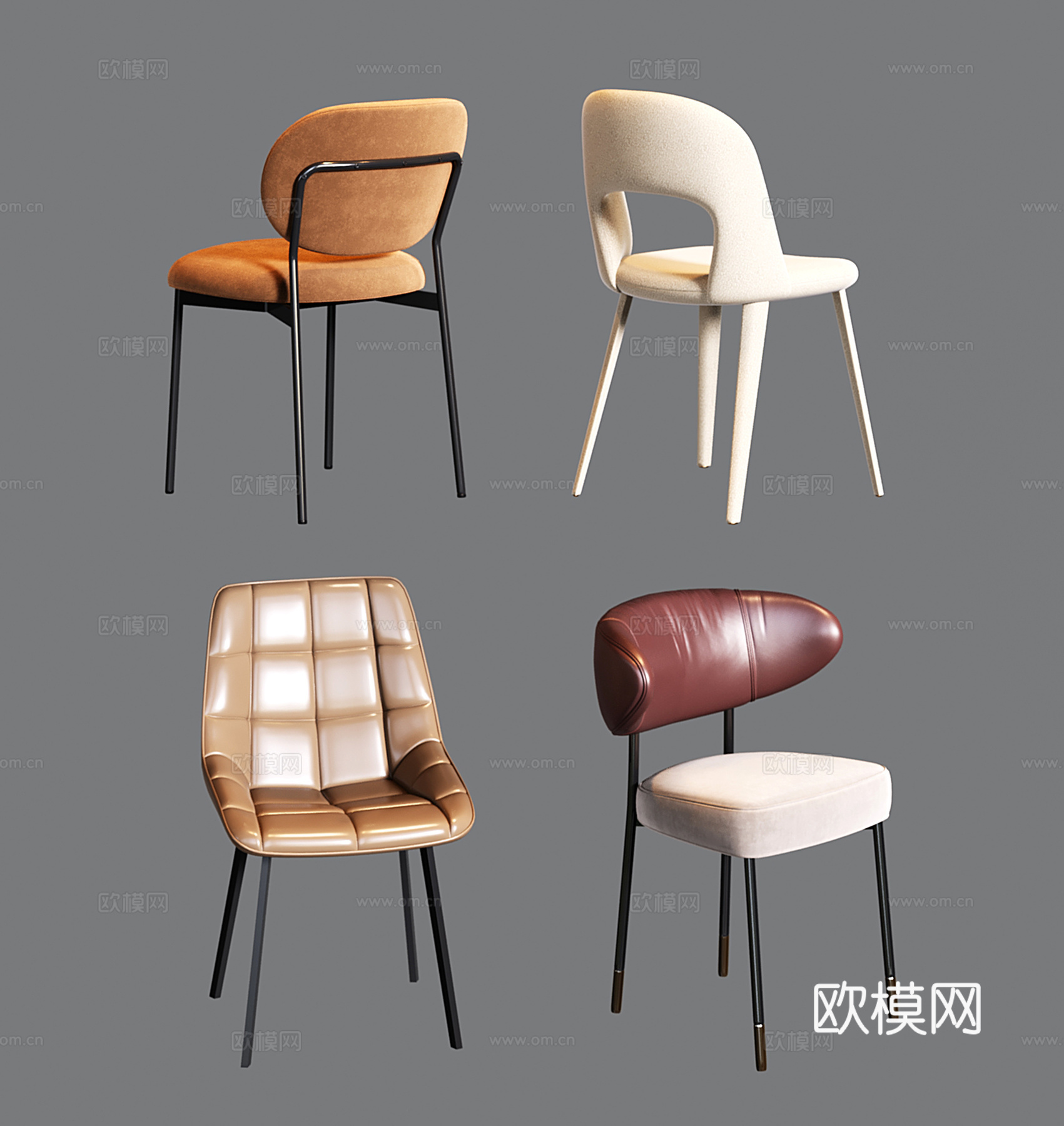 奶油风现代餐椅 皮质单椅 写字椅su模型