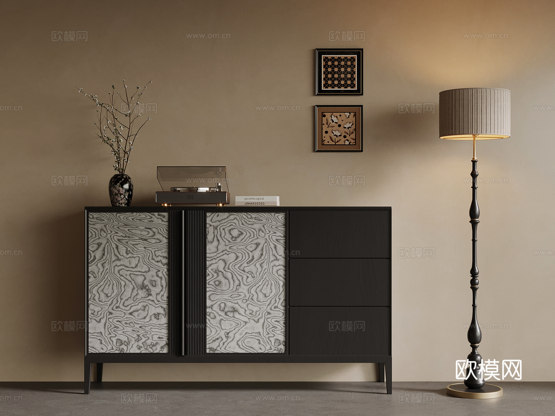 现代边柜 中古风边柜 落地灯su模型