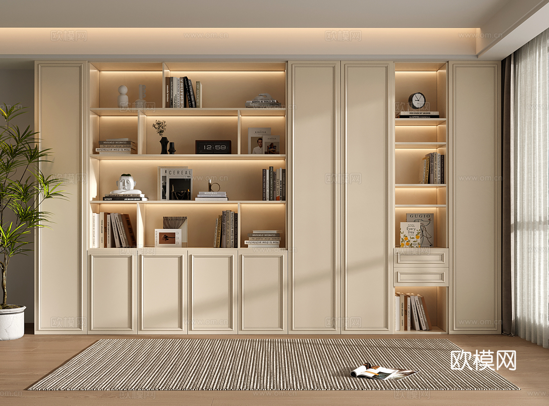 法式奶油书柜 定制满墙书柜 书籍su模型