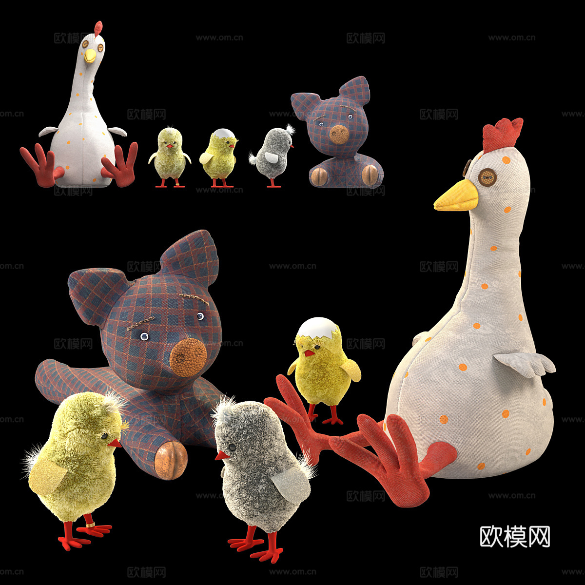 鸡鸭鹅猪毛绒玩具3d模型下载（渲染图2）