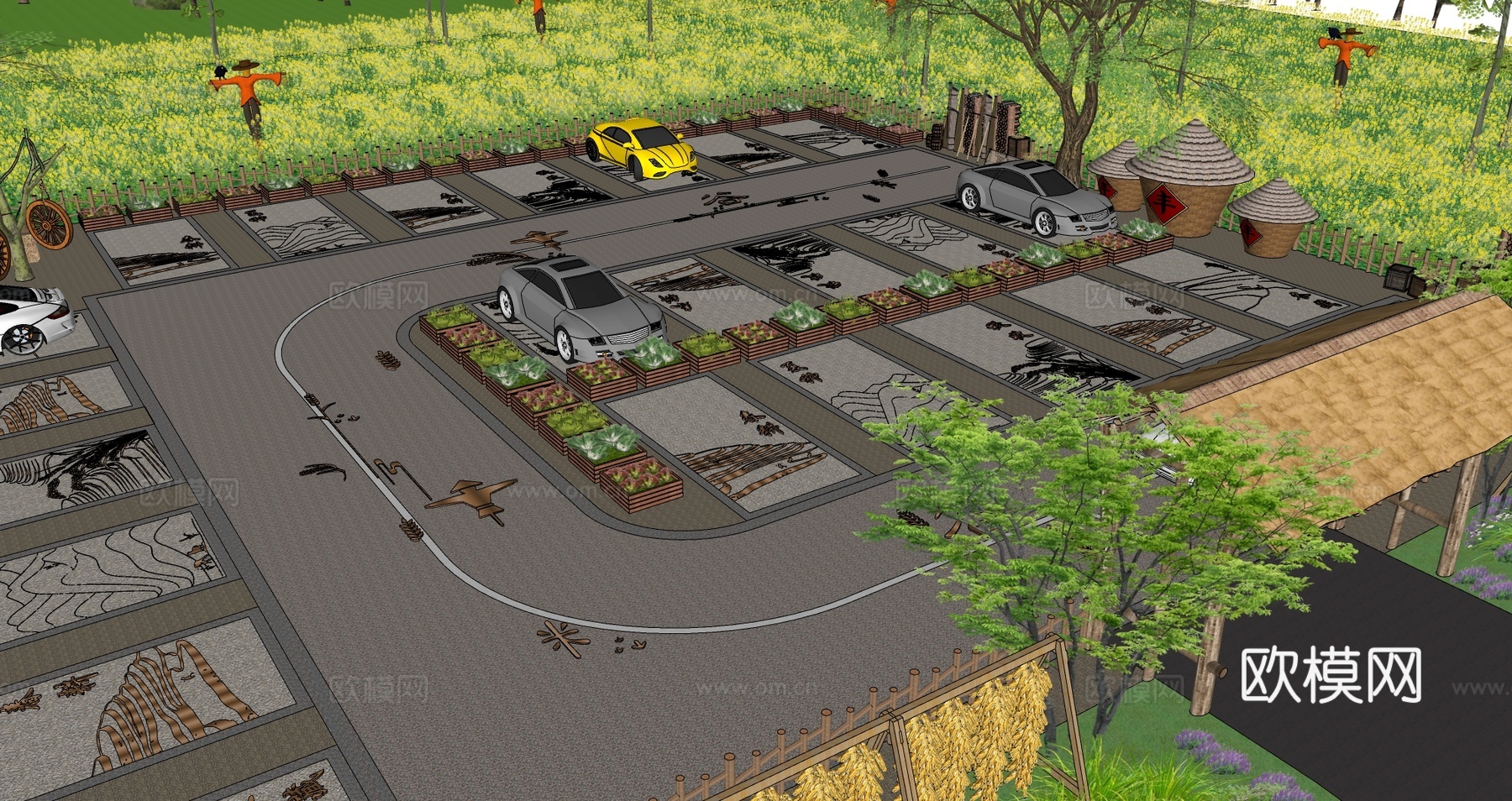 现代户外农耕田园生态停车场农田趣味创意彩色农家图标涂鸦个性田su模型